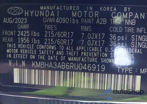 2024 Hyundai Kona Se из США, поврежденный, VIN KM8HA3AB6RU046919